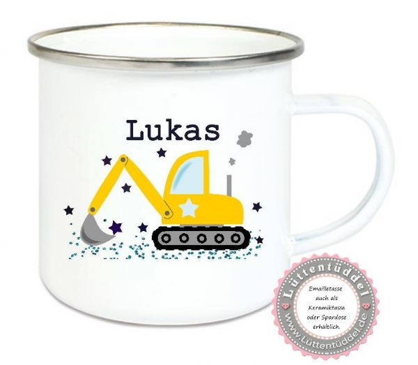♥ zauberhafte Tasse Emailletasse, Becher,  Bagger Sterne  Name,  Wunschname, KITA Kindergarten, Einschulung, Dankeschön, Abschied, Jubiläum, Geschenk, Becher von Lüttentüddel
